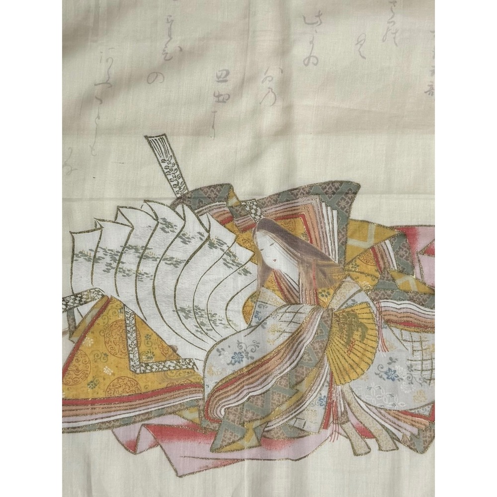 Vintage Japanese Silk Handkerchief Heian Noblewoman Kimono Gold Calligraphy